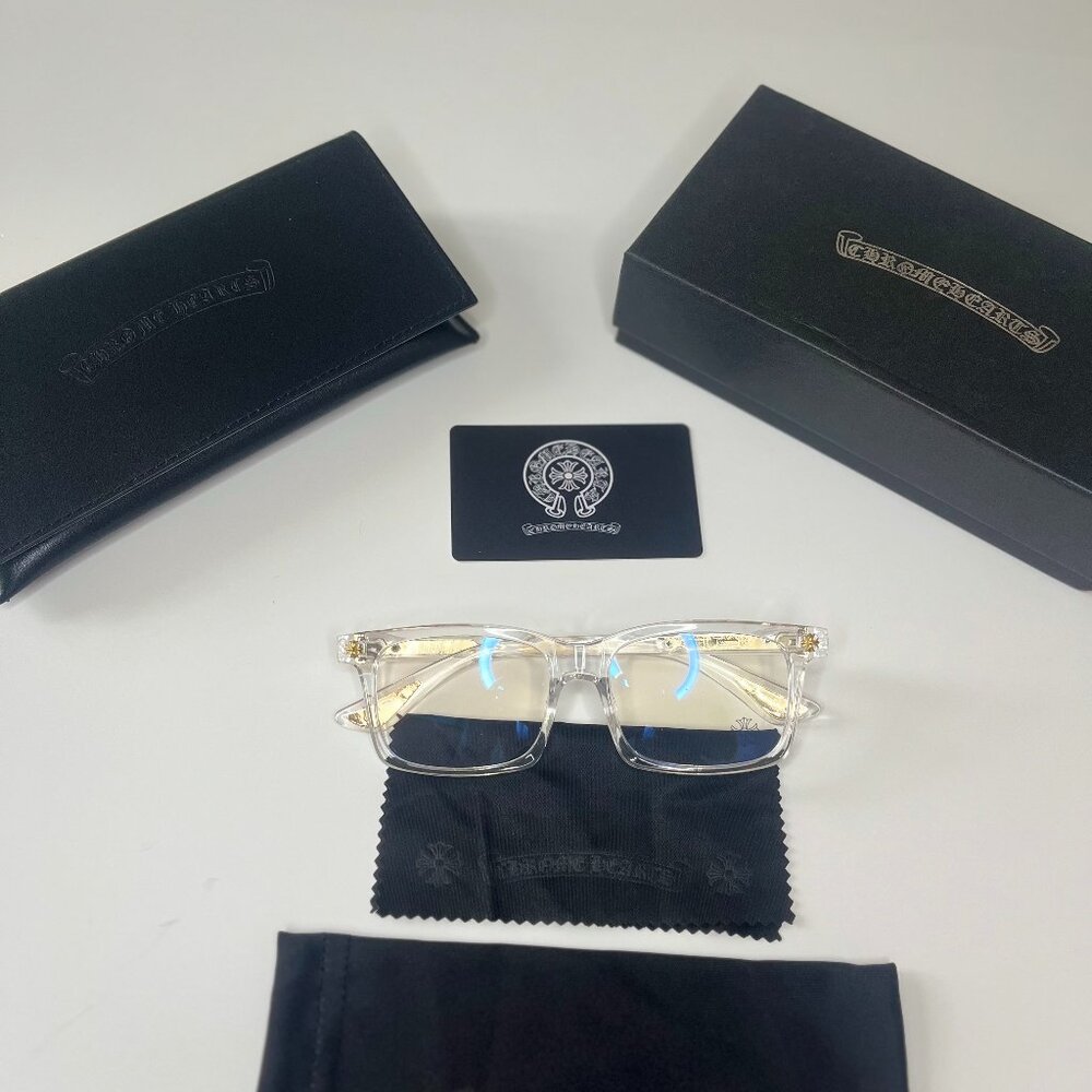 Clear Chrome Hearts Glasses – Rectangular Unisex Frame with Gold Details